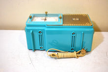 Load image into Gallery viewer, Egyptian Turquoise Gold Mid Century 1959 Bulova Model 120 Vacuum Tube AM Clock Radio Excellent Condition! Sounds Great!