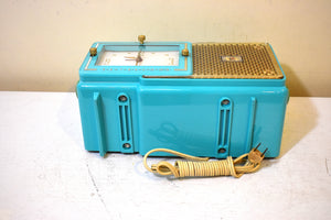 Egyptian Turquoise Gold Mid Century 1959 Bulova Model 120 Vacuum Tube AM Clock Radio Excellent Condition! Sounds Great!