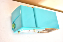 Load image into Gallery viewer, Egyptian Turquoise Gold Mid Century 1957 Bulova Model 120 Vacuum Tube AM Clock Radio Excellent Condition! Sounds Great!