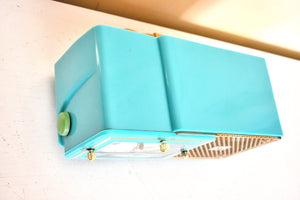 Egyptian Turquoise Gold Mid Century 1957 Bulova Model 120 Vacuum Tube AM Clock Radio Excellent Condition! Sounds Great!