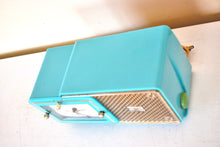 Load image into Gallery viewer, Egyptian Turquoise Gold Mid Century 1957 Bulova Model 120 Vacuum Tube AM Clock Radio Excellent Condition! Sounds Great!