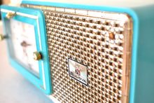 Load image into Gallery viewer, Egyptian Turquoise Gold Mid Century 1957 Bulova Model 120 Vacuum Tube AM Clock Radio Excellent Condition! Sounds Great!