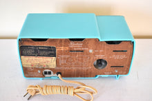 Load image into Gallery viewer, Egyptian Turquoise Gold Mid Century 1957 Bulova Model 120 Vacuum Tube AM Clock Radio Excellent Condition! Sounds Great!