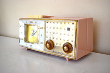 Load image into Gallery viewer, Plaza Pink and Gold 1960 Bulova Model 190 Vacuum Tube AM Clock Radio Excellent Condition Sounds Great!