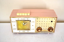 Load image into Gallery viewer, Plaza Pink and Gold 1960 Bulova Model 190 Vacuum Tube AM Clock Radio Excellent Condition Sounds Great!