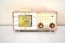 Load image into Gallery viewer, Plaza Pink and Gold 1960 Bulova Model 190 Vacuum Tube AM Clock Radio Excellent Condition Sounds Great!