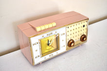 Load image into Gallery viewer, Plaza Pink and Gold 1960 Bulova Model 190 Vacuum Tube AM Clock Radio Excellent Condition Sounds Great!