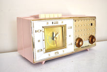 Load image into Gallery viewer, Plaza Pink and Gold 1960 Bulova Model 190 Vacuum Tube AM Clock Radio Excellent Condition Sounds Great!