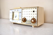 Load image into Gallery viewer, Palazzo White and Gold 1960 Bulova Model 190 Vacuum Tube AM Clock Radio Excellent Condition Sounds Great!