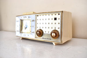 Palazzo White and Gold 1960 Bulova Model 190 Vacuum Tube AM Clock Radio Excellent Condition Sounds Great!