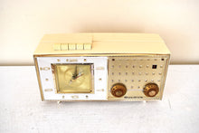 Load image into Gallery viewer, Palazzo White and Gold 1960 Bulova Model 190 Vacuum Tube AM Clock Radio Excellent Condition Sounds Great!