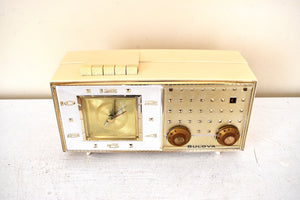 Palazzo White and Gold 1960 Bulova Model 190 Vacuum Tube AM Clock Radio Excellent Condition Sounds Great!