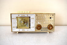 Load image into Gallery viewer, Palazzo White and Gold 1960 Bulova Model 190 Vacuum Tube AM Clock Radio Excellent Condition Sounds Great!