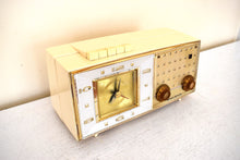 Load image into Gallery viewer, Palazzo White and Gold 1960 Bulova Model 190 Vacuum Tube AM Clock Radio Excellent Condition Sounds Great!