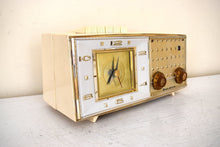 Load image into Gallery viewer, Palazzo White and Gold 1960 Bulova Model 190 Vacuum Tube AM Clock Radio Excellent Condition Sounds Great!