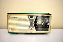 Load image into Gallery viewer, Shannon Green 1956 Emerson Model 919 Tube AM Radio Slapstick Clock Light Works! Great Color and Sound!
