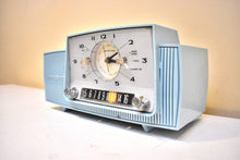 Load image into Gallery viewer, Powder Blue Mid Century 1961 General Electric Model C-481B Vacuum Tube AM Clock Radio Beauty Sounds Fantastic Desirable Color! Working Clock Light!