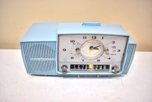 Load image into Gallery viewer, Powder Blue Mid Century 1961 General Electric Model C-481B Vacuum Tube AM Clock Radio Beauty Sounds Fantastic Desirable Color! Working Clock Light!
