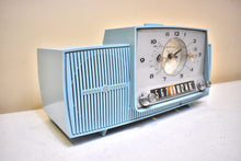 Load image into Gallery viewer, Powder Blue Mid Century 1961 General Electric Model C-481B Vacuum Tube AM Clock Radio Beauty Sounds Fantastic Desirable Color! Working Clock Light!