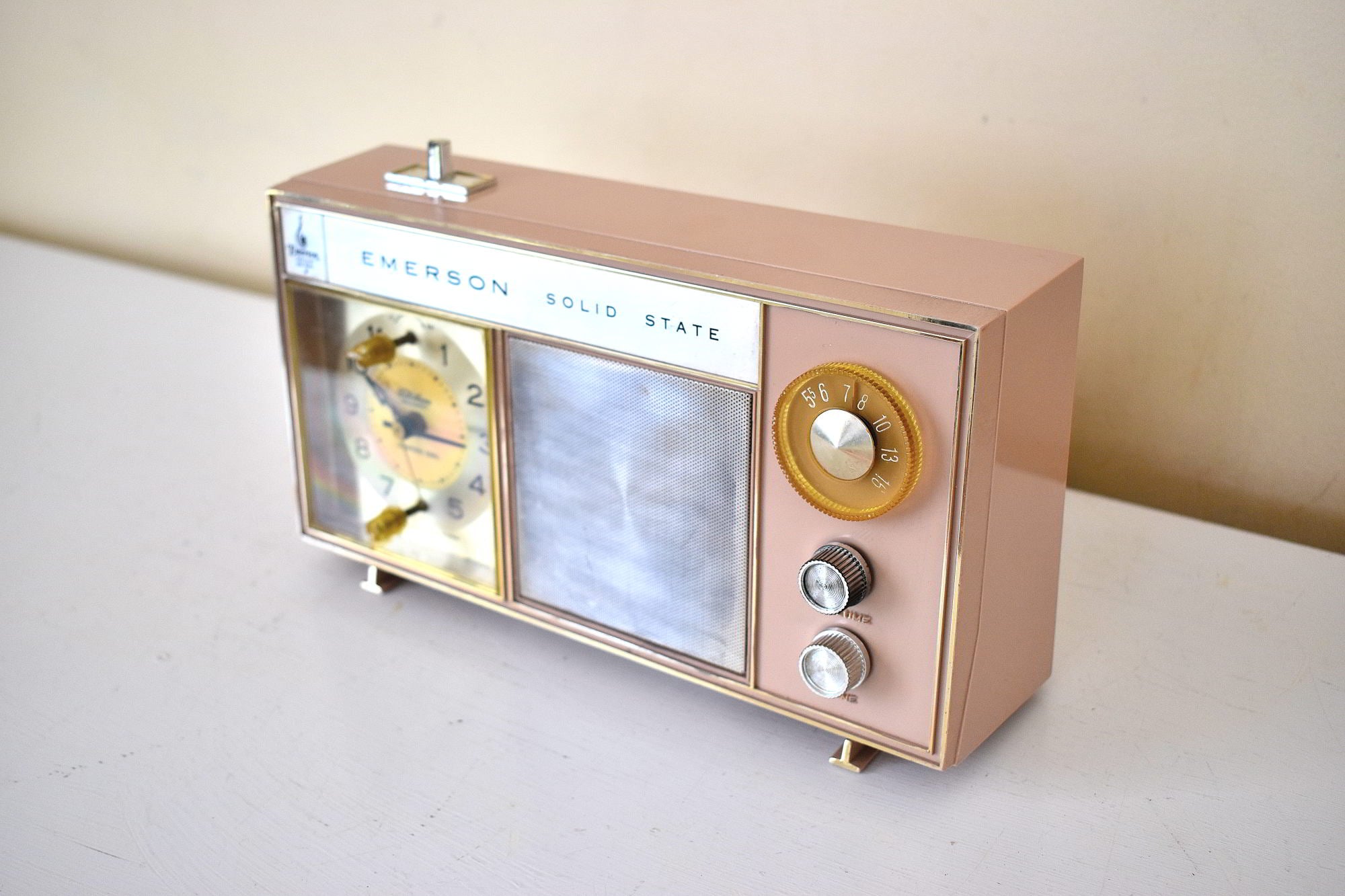 Beige Pink 1960s Emerson Unknown Model AM Solid State Alarm Clock