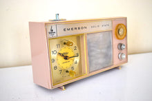 Load image into Gallery viewer, Beige Pink 1960s Emerson Unknown Model AM Solid State Alarm Clock Radio Sounds Fantastic! Excellent Condition!