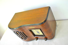 Load image into Gallery viewer, Curved Wood 1939 Firestone Model S-7398-1 "The Beaumont" Vacuum Tube AM Radio Excellent Condition! Sounds Great!