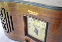 Load image into Gallery viewer, Curved Wood 1939 Firestone Model S-7398-1 "The Beaumont" Vacuum Tube AM Radio Excellent Condition! Sounds Great!
