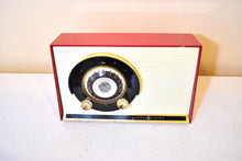 Load image into Gallery viewer, Cardinal Red 1959 General Electric Model 862 Vacuum Tube AM Radio Sputnik Atomic Age Beauty!