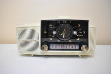Load image into Gallery viewer, Alpine White 1959 GE General Electric Model 914D AM Vacuum Tube Clock Radio Popular Model!