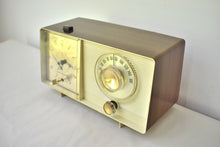 Load image into Gallery viewer, White and Simulated Walnut Grain Vintage 1964 General Electric Model C-413C AM Vacuum Tube Clock Radio Sounds Great! Excellent Condition!