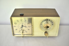 Load image into Gallery viewer, White and Simulated Walnut Grain Vintage 1964 General Electric Model C-413C AM Vacuum Tube Clock Radio Sounds Great! Excellent Condition!