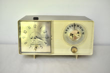 Load image into Gallery viewer, White and Simulated Walnut Grain Vintage 1964 General Electric Model C-413C AM Vacuum Tube Clock Radio Sounds Great! Excellent Condition!