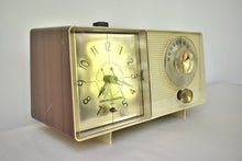 Load image into Gallery viewer, White and Simulated Walnut Grain Vintage 1964 General Electric Model C-413C AM Vacuum Tube Clock Radio Sounds Great! Excellent Condition!