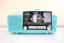 Load image into Gallery viewer, Ocean Turquoise Mid Century 1957 General Electric Model C-417C Vacuum Tube AM Clock Radio Popular Model Sounds Terrific!