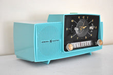 Load image into Gallery viewer, Ocean Turquoise Mid Century 1957 General Electric Model C-417C Vacuum Tube AM Clock Radio Popular Model Sounds Terrific!