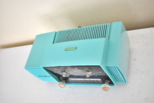 Load image into Gallery viewer, Ocean Turquoise Mid Century 1957 General Electric Model C-417C Vacuum Tube AM Clock Radio Popular Model Sounds Terrific!
