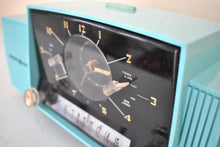 Load image into Gallery viewer, Ocean Turquoise Mid Century 1957 General Electric Model C-417C Vacuum Tube AM Clock Radio Popular Model Sounds Terrific!