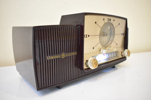 Burgundy Swirl Mid Century 1959 General Electric Model C-416C Vacuum Tube AM Clock Radio Beauty Sounds Fantastic Popular Model!
