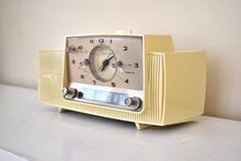 Load image into Gallery viewer, Almond Ivory 1959 General Electric Model C418A Vacuum Tube AM Clock Radio So Sweet! Working Clock Light!