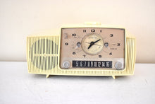 Load image into Gallery viewer, Almond Ivory 1959 General Electric Model C418A Vacuum Tube AM Clock Radio So Sweet! Working Clock Light!