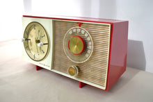 Load image into Gallery viewer, Cardinal Red White 1959 General Electric Model C-404B Vacuum Tube AM Clock Radio Excellent Condition! Sounds Great!