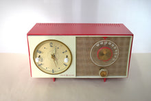 Load image into Gallery viewer, Cardinal Red White 1959 General Electric Model C-404B Vacuum Tube AM Clock Radio Excellent Condition! Sounds Great!