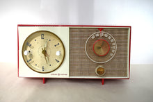 Load image into Gallery viewer, Cardinal Red White 1959 General Electric Model C-404B Vacuum Tube AM Clock Radio Excellent Condition! Sounds Great!