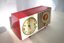 Load image into Gallery viewer, Cardinal Red White 1959 General Electric Model C-404B Vacuum Tube AM Clock Radio Excellent Condition! Sounds Great!