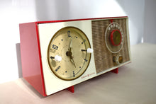 Load image into Gallery viewer, Cardinal Red White 1959 General Electric Model C-404B Vacuum Tube AM Clock Radio Excellent Condition! Sounds Great!