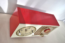 Load image into Gallery viewer, Cardinal Red White 1959 General Electric Model C-404B Vacuum Tube AM Clock Radio Excellent Condition! Sounds Great!