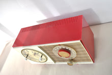 Load image into Gallery viewer, Cardinal Red White 1959 General Electric Model C-404B Vacuum Tube AM Clock Radio Excellent Condition! Sounds Great!