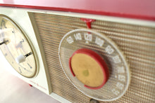 Load image into Gallery viewer, Cardinal Red White 1959 General Electric Model C-404B Vacuum Tube AM Clock Radio Excellent Condition! Sounds Great!
