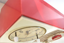 Load image into Gallery viewer, Cardinal Red White 1959 General Electric Model C-404B Vacuum Tube AM Clock Radio Excellent Condition! Sounds Great!