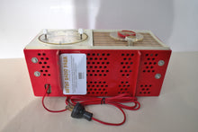 Load image into Gallery viewer, Cardinal Red White 1959 General Electric Model C-404B Vacuum Tube AM Clock Radio Excellent Condition! Sounds Great!